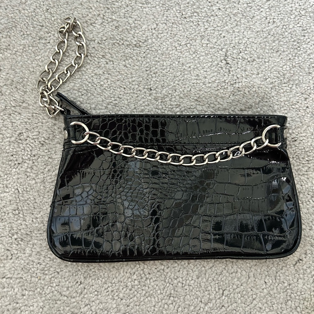 Black Croc-Embossed Chain Wristlet
